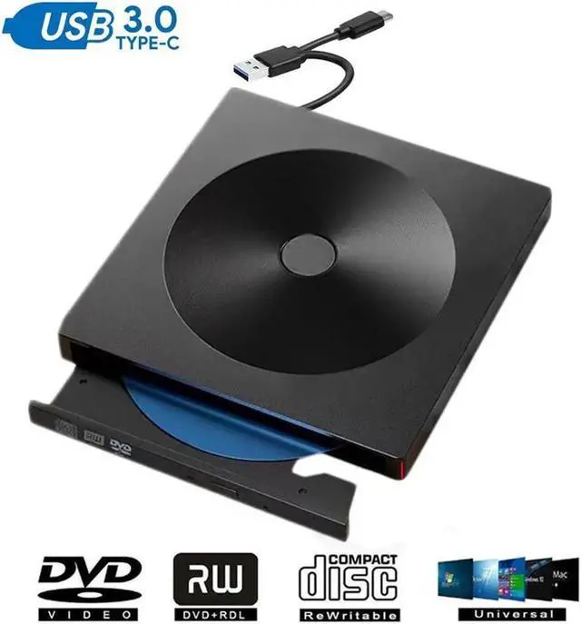 Main image of External DVD Drive with Type-C USB 3.0 Port, Portable CD/DVD +/-RW Drive Rewriter Burner Data Transfer for MacBook,Laptop,Windows,Linux and Mac OS - Black