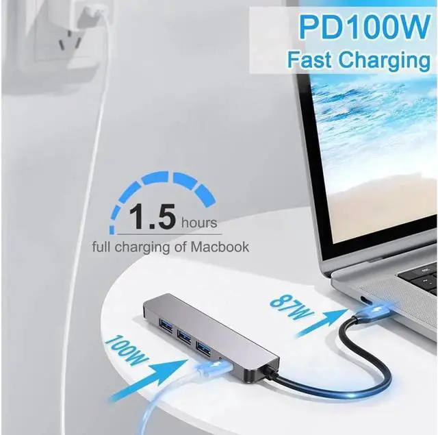 Alt view image 5 of 7 - 5 in 1 USB C Hub with HDMI 4k30hz, Portable USBC Hub Multiport Adapter, USB3.0, 2*USB2.0, 100W Power Delivery for MacOS & Windows, Compact Size