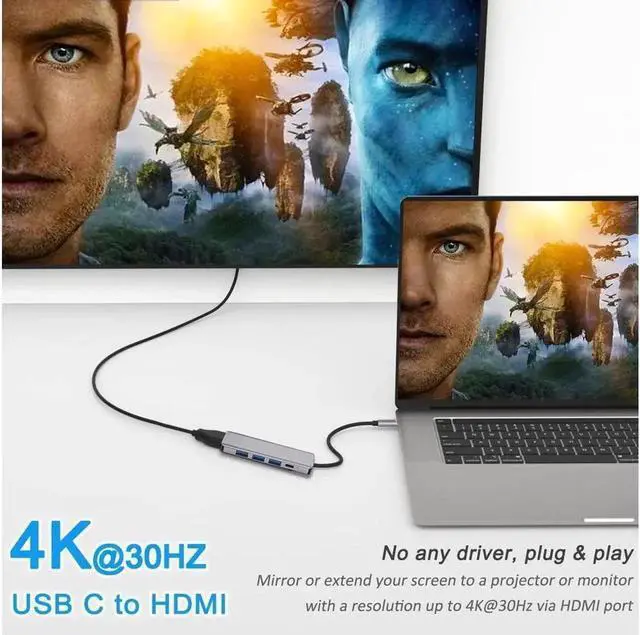Alt view image 6 of 7 - 5 in 1 USB C Hub with HDMI 4k30hz, Portable USBC Hub Multiport Adapter, USB3.0, 2*USB2.0, 100W Power Delivery for MacOS & Windows, Compact Size
