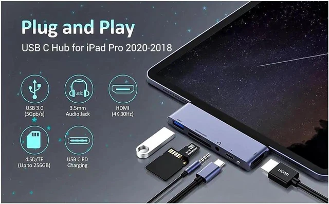 Alt view image 2 of 7 - Aluminum Type-C Mobile Pro Hub Adapter with USB-C PD Charging, 4K HDMI, USB 3.0 & 3.5mm Headphone Jack, PD Charging,SD/Micro Card Reader - For 2020/2018 iPad Pro, Microsoft Surface Go