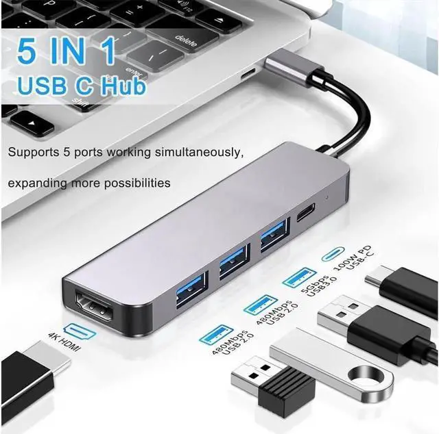 Alt view image 7 of 7 - 5 in 1 USB C Hub with HDMI 4k30hz, Portable USBC Hub Multiport Adapter, USB3.0, 2*USB2.0, 100W Power Delivery for MacOS & Windows, Compact Size