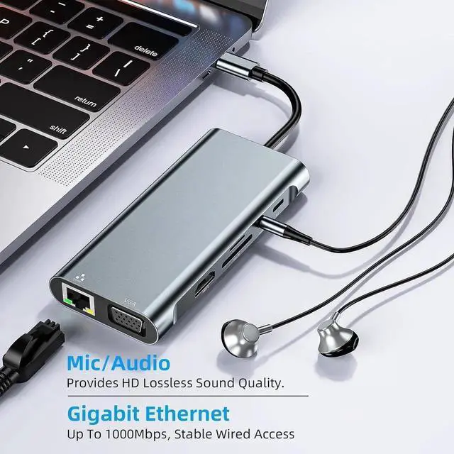 Alt view image 2 of 7 - USB Splitter Docking Station, 11 in 1 Multiport USB C Adapter with 4K HDMI, VGA, Gigabit Ethernet, USB C, 3*USB 3.0 Ports, 100W PD, 3.5mm Audio Compatible for MacBook, Pad Pro, Laptop, PC
