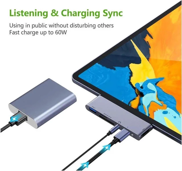 Alt view image 7 of 7 - Aluminum Type-C Mobile Pro Hub Adapter with USB-C PD Charging, 4K HDMI, USB 3.0 & 3.5mm Headphone Jack, PD Charging,SD/Micro Card Reader - For 2020/2018 iPad Pro, Microsoft Surface Go