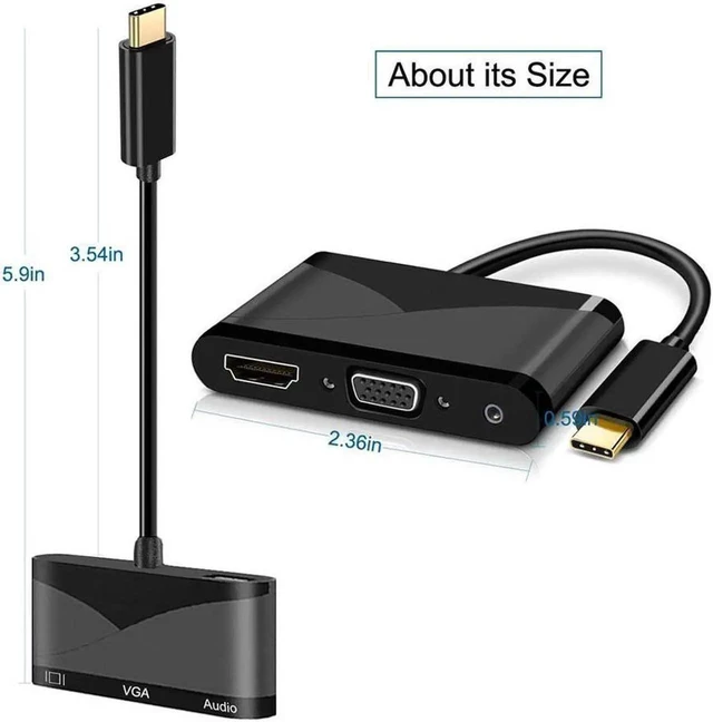 Main image of USB C to HDMI + VGA Audio Adapter Support 4K 1080P Compatible with MacBook Pro 2018/2017,ChromeBook,Dell XPS,and More USB Type C Devices (Black)