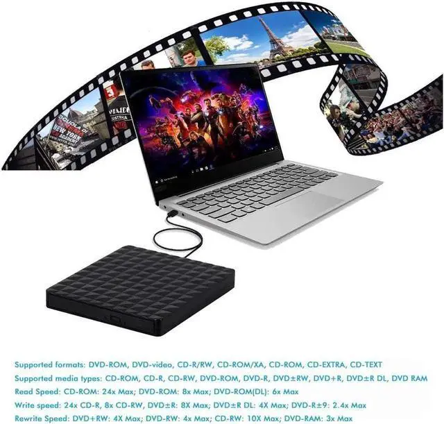 Alt view image 7 of 7 - External DVD Drive for Laptop, Portable High-Speed USB-C&USB 3.0 CD Burner/DVD Reader Writer for PC Desktops, Compatible with Windows/Mac OSX/Linux (Diamond Pattern)