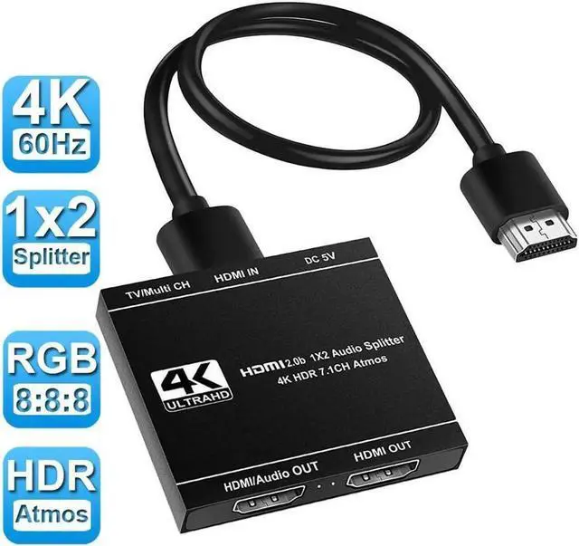 Main image of HDMI Splitter 1 in 2 Out, HDMI Splitter 1x2 Power 4K HDMI Splitter with HDMI Audio Output, 4K@60Hz Dual Monitors Duplicate/Mirror for PS4 Fire Stick HDTV