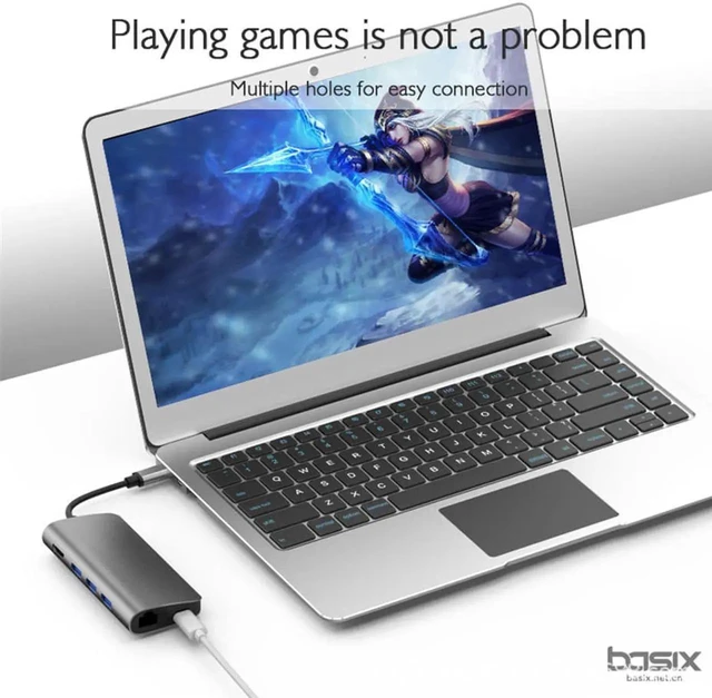 Alt view image 5 of 7 - Basix 8 in1 USB Type C 3.1 HUB for Type C to 3 USB 3.0 / 4K HDMI / RJ45 Ethernet / Micro SD TF Card Reader / USB Type C OTG HUB for MacBook Pro and Type C Windows Laptops -Gray