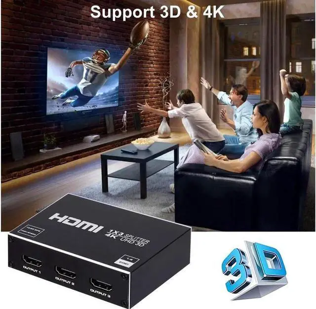 Alt view image 3 of 7 - 1x3 HDMI Splitter 1 in 3 Out HDMI Splitter Audio Video Distributor Box Support 3D & 4K x 2K Compatible for HDTV, STB, DVD, PS3, Projector Etc