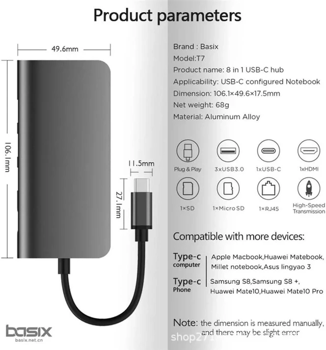 Alt view image 7 of 7 - Basix 8 in1 USB Type C 3.1 HUB for Type C to 3 USB 3.0 / 4K HDMI / RJ45 Ethernet / Micro SD TF Card Reader / USB Type C OTG HUB for MacBook Pro and Type C Windows Laptops -Gray
