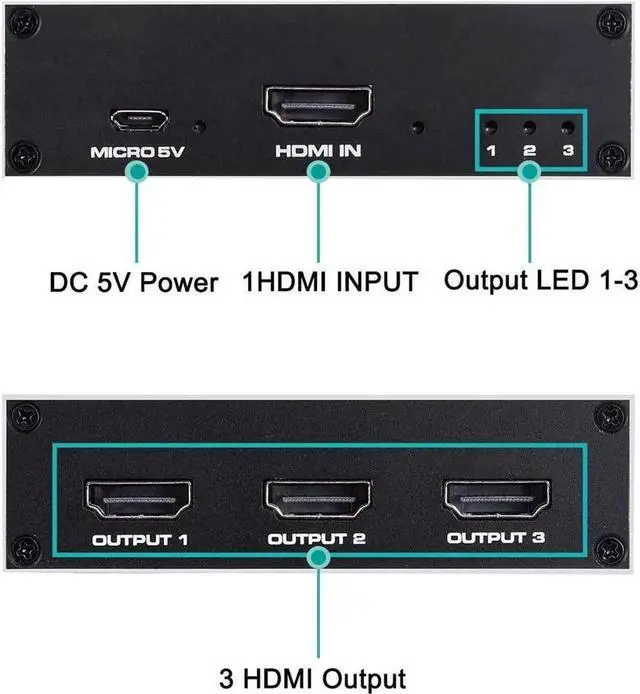 Alt view image 6 of 7 - 1x3 HDMI Splitter 1 in 3 Out HDMI Splitter Audio Video Distributor Box Support 3D & 4K x 2K Compatible for HDTV, STB, DVD, PS3, Projector Etc