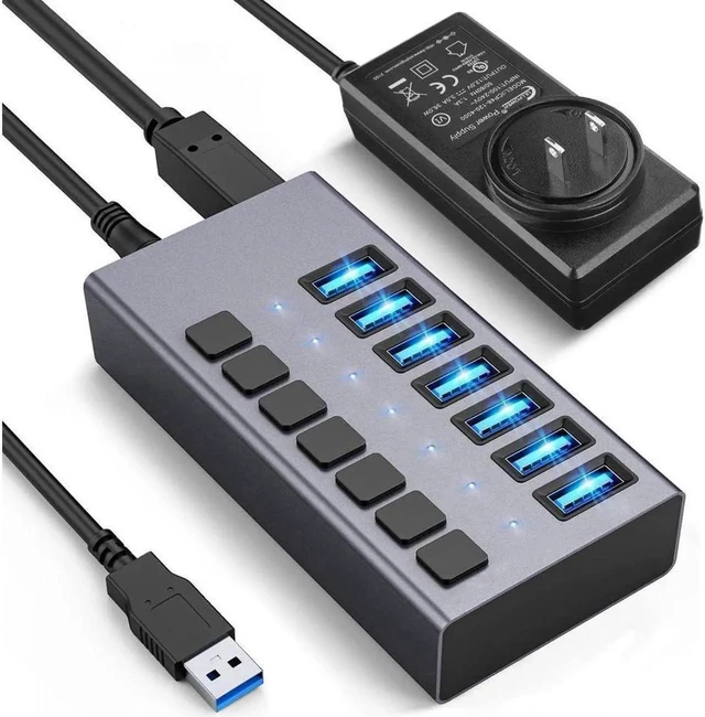 Main image of Powered USB Hub, 7-Port USB Splitter Hub (7 Data HUB and Charging Port) with Individual LED On/Off Switches, USB Hub 3.0 Powered with Power Adapter for Mac, PC