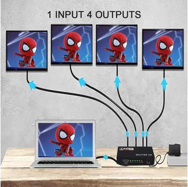 Alt view image 3 of 7 - HDMI Splitter 1 in 4 Out V1.4b Powered HDMI Video Splitter Compatible with DVD Player, Supports HD 1080P 4K and 3D Resolutions (1 Input to 4 Outputs)