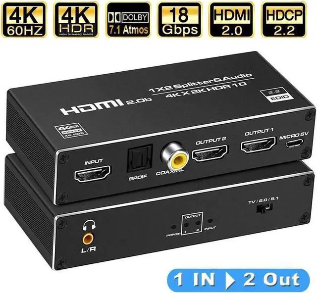 Main image of HDMI Splitter 1 in 2 Out, HDMI Splitter 1x2 Power 4K HDMI Splitter with 3.5mm, Coaxial & SPDIF audio out, 4K@60Hz Dual Monitors Duplicate/Mirror for PS4 Fire Stick HDTV