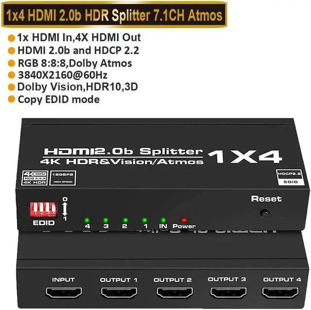 Main image of 4K@60Hz HDMI Splitter 1 in 4 Out, 4 Way HDMI Splitter for Four Monitors, 1x4 HDMI2.0 Splitter Video Distributor Mirror Only, Support EDID, 3D, HDCP2.2, HDR, 4K@60Hz, RGB 8:8:8, HDR 10