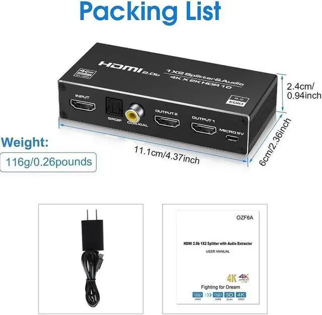Alt view image 5 of 7 - HDMI Splitter 1 in 2 Out, HDMI Splitter 1x2 Power 4K HDMI Splitter with 3.5mm, Coaxial & SPDIF audio out, 4K@60Hz Dual Monitors Duplicate/Mirror for PS4 Fire Stick HDTV