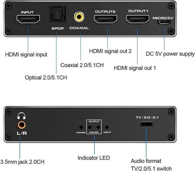 Alt view image 4 of 7 - HDMI Splitter 1 in 2 Out, HDMI Splitter 1x2 Power 4K HDMI Splitter with 3.5mm, Coaxial & SPDIF audio out, 4K@60Hz Dual Monitors Duplicate/Mirror for PS4 Fire Stick HDTV