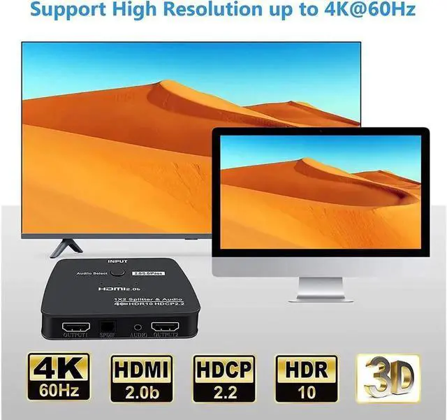 Alt view image 2 of 7 - HDMI Splitter 1 in 2 Out, HDMI Splitter 1x2 Power 4K HDMI Splitter with 3.5mm & SPDIF audio out, 4K@60Hz Dual Monitors Duplicate/Mirror for PS4 Fire Stick HDTV