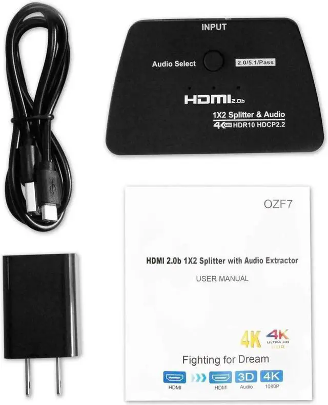 Alt view image 6 of 7 - HDMI Splitter 1 in 2 Out, HDMI Splitter 1x2 Power 4K HDMI Splitter with 3.5mm & SPDIF audio out, 4K@60Hz Dual Monitors Duplicate/Mirror for PS4 Fire Stick HDTV