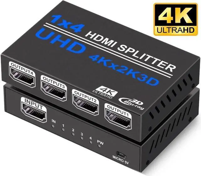 Main image of HDMI Splitter 1 in 4 Out 1x4 Hdmi Splitter Display Multiple Duplicate/Mirror Screen,Powered AC Adapter Included,Supports Ultra HD1080P 4K/2K and 3D,for TV,Monitors,Computer,DVD,Projector