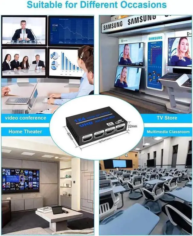Alt view image 2 of 7 - HDMI Splitter 1 in 4 Out 1x4 Hdmi Splitter Display Multiple Duplicate/Mirror Screen,Powered AC Adapter Included,Supports Ultra HD1080P 4K/2K and 3D,for TV,Monitors,Computer,DVD,Projector