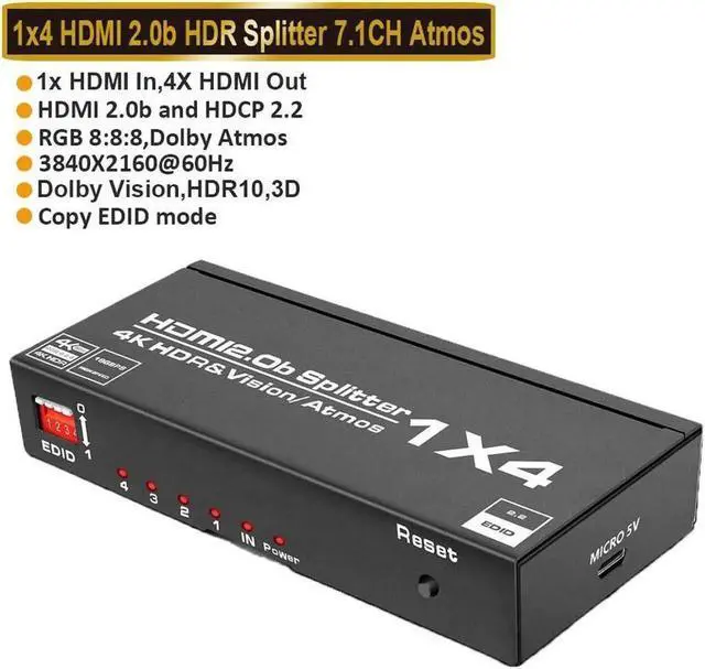 Main image of 4k@60hz HDMI Splitter, 1 in 4 Out, Supports 3D, HDCP2.2, HDR10, 4K@60Hz, RGB 8:8:8, EDID Compatible with Xbox PS5/4/3 Blu-Ray Player Fire Stick Roku
