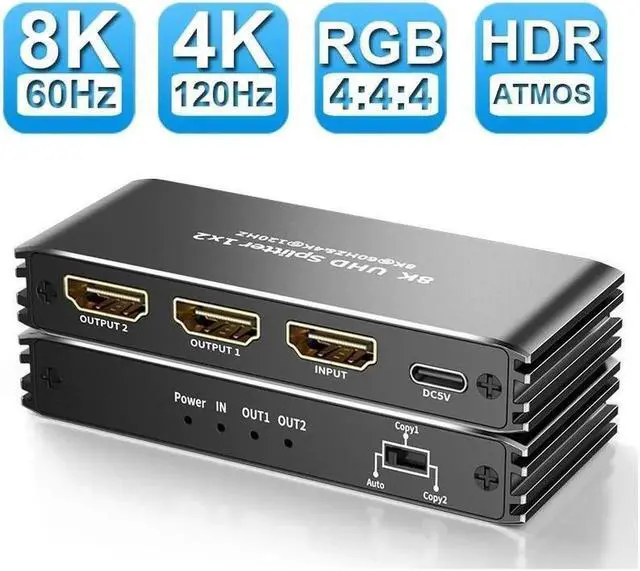 Main image of HDMI Splitter 1 in 2 Out -ESTONE 1x2 HDMI Display Duplicate/Mirror - Powered Splitter 4K 120Hz, 8K @ 60Hz (One Input To Two Outputs) - 1 Source to 2 Identical Displays