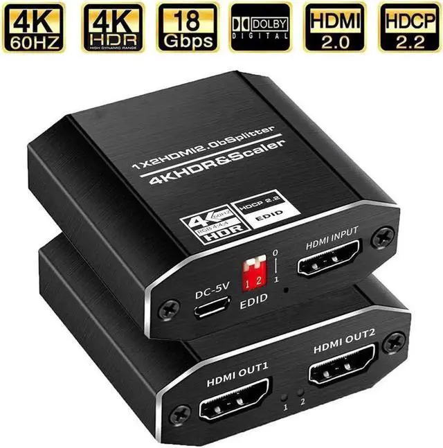 Main image of 4K HDMI Splitter 1 in 2 Out HDMI Splitter Duplicate/ Mirror Screen Support HDCP2.2 HDMI2.0b EDID, 3D, RGB 4:4:4 for PS5, Roku, TV Box - 1 Source to 2 Displays, with 4 kinds of EDID mode