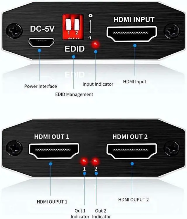 Alt view image 5 of 7 - 4K HDMI Splitter 1 in 2 Out HDMI Splitter Duplicate/ Mirror Screen Support HDCP2.2 HDMI2.0b EDID, 3D, RGB 4:4:4 for PS5, Roku, TV Box - 1 Source to 2 Displays, with 4 kinds of EDID mode
