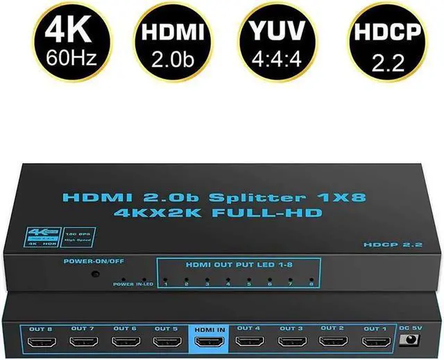 Main image of HDMI Splitter 4K 60Hz 1X8 Multi-Resolution Output, HDMI 2.0 Splitter Supports HDR HDR10 / Dolby Vision 4K@60Hz 4:4:4 HDCP2.2 for Xbox PS5/4 Roku Blu-Ray Player Apple TV