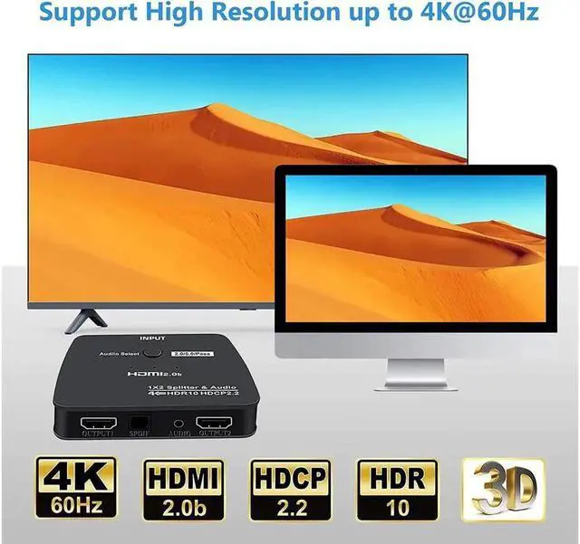 Alt view image 2 of 7 - 4K@60Hz HDMI Splitter 1x2 8:8:8,18 Gbps,Supports HDMI2.0b,HDCP 2.2,Duplicate/Mirror/Copy,Downscale HDR,Dolby Vision Atmos,4K HDMI Splitter 1 in 2 Out for HDTV, Xbox, PS5/4/3 Blu-Ray
