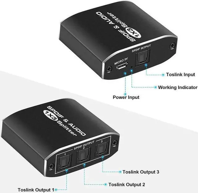 Main image of Digital Optical Audio Splitter 1x3 (1 Input 3 Outputs, SPDIF) Toslink Splitter 1 in 3 Out - for Karaoke System, Mixing Amplifiers,Home Theatre, Xbox, PS4, PS3, DVD, HDTV