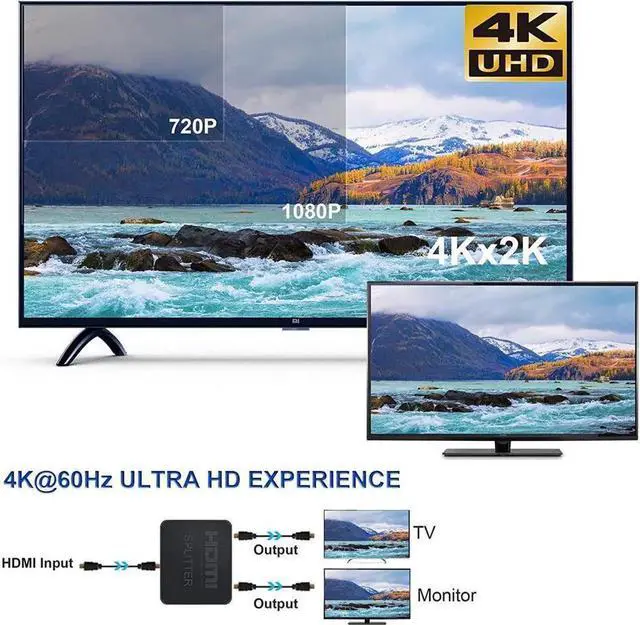Alt view image 3 of 7 - 4Kx2K@60Hz 1 in 2 Out HDMI Splitter - Ultra HD 4K 1x2 V. 2.0 HDCP, Power HDMI Supports 3D Full HD 1080P for Xbox, PS4 PS3 Fire Stick Blu Ray Apple TV HDTV