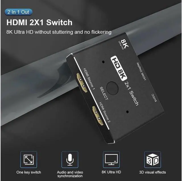 Alt view image 5 of 7 - HD Switcher 8K@60Hz 4K@120Hz HDMI-Compatible 2.1 Switch 2x1 Adapter 2 sources to 1 display Converter for PS4/PS5 Xiaomi TV Box HDTV Splitter