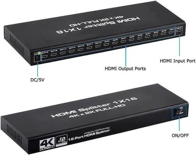 Alt view image 6 of 7 - 1x16 HDMI Splitter, 1 in 16 Out HDMI Splitter Audio Video Distributor Box Support 3D & 4K x 2K Compatible for HDTV, STB, DVD, PS16, Projector Etc