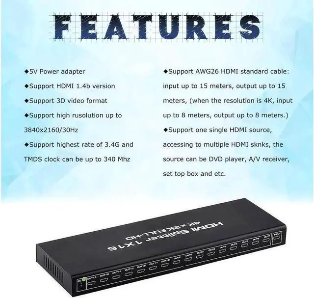 Alt view image 2 of 7 - HDMI Splitter 1x16 1 in 16 Out HDMI Splitter Audio Video Distributor 3D & 4K x 2K Box for HDTV, STB, PS16, PS16 Pro Blu-Ray DVD Player, Projector Etc