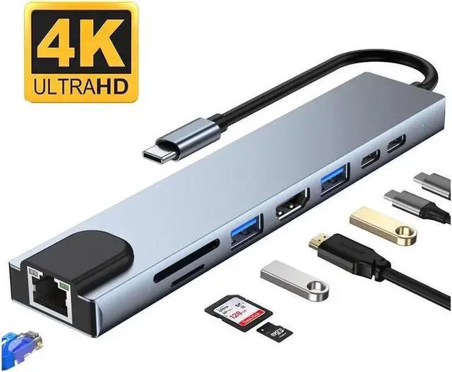 Main image of USB C Hub, 8-in-1 Type C Adapter Mini Docking Station with 4K HDMI, RJ45 Port, USB3.0/2.0 Ports, SD/TF Card Reader, 87W Power Supply,Type-C Data Port for iPad Pro/MacBook/Type C Devices