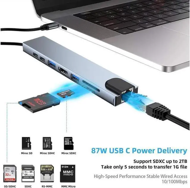 Alt view image 6 of 7 - USB C Hub, 8-in-1 Type C Adapter Mini Docking Station with 4K HDMI, RJ45 Port, USB3.0/2.0 Ports, SD/TF Card Reader, 87W Power Supply,Type-C Data Port for iPad Pro/MacBook/Type C Devices