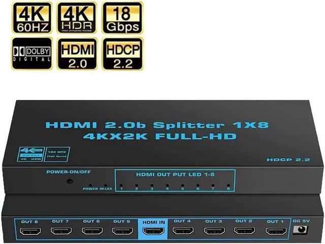 Main image of HDMI Splitter 1 in 8 Out -4K Hdmi Splitter 1x8 Ports v2.0 Powered 4K/2K@60hz Full Ultra HD 1080p US Adapter 3D Support 3D HDCP2.2, RGB 4:4:4, 18.5Gbps for Xbox, PS5, Fire Stick, Roku