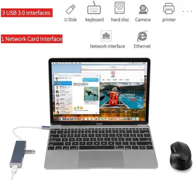 Alt view image 3 of 7 - USB C to Ethernet Adapter with 3 USB 3.0, RJ45 to USB C Thunderbolt 3/Type-C Gigabit Ethernet LAN Network Adapter, for MacBook Pro 16'' 2019/2018/2017, MacBook Air, Dell XPS and More