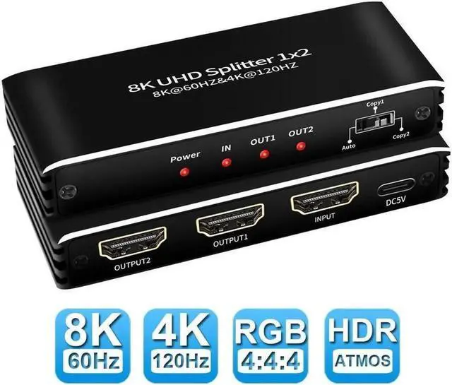 Main image of 4K120Hz HDMI Splitter 1in2 Out,ESTONE 1x2 Power HDMI Splitter 2 Ports w/AC Adapter, 8Kx2K@30Hz 3D Full HD Distributor for Xbox PS5 Blu-Ray Player, HDTV Support 48Gbps, HDCP 2.3 RGB 4:4:4