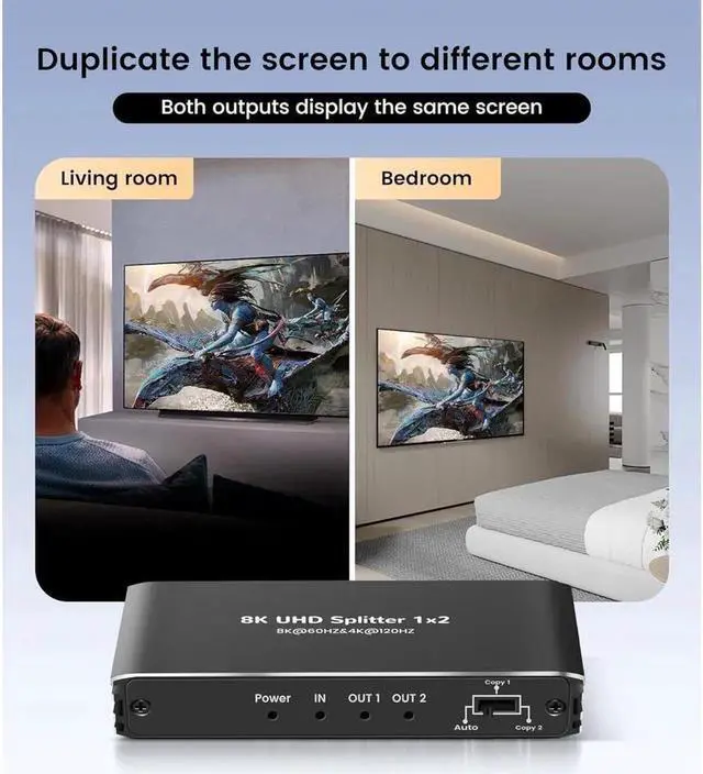 Alt view image 3 of 7 - 4K120Hz HDMI Splitter 1in2 Out,ESTONE 1x2 Power HDMI Splitter 2 Ports w/AC Adapter, 8Kx2K@30Hz 3D Full HD Distributor for Xbox PS5 Blu-Ray Player, HDTV Support 48Gbps, HDCP 2.3 RGB 4:4:4