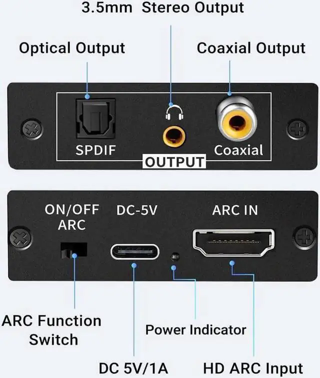 Alt view image 6 of 7 - HDMI ARC Audio Extractor, 192KHz HDMI to Optical 3.5mm Audio Adapter Splitter Converter 3.5mm Stereo and Coaxial Output Support Dolby@5.1, DTS@5.1, Dolby AC3,DSD,PCM,LPCM