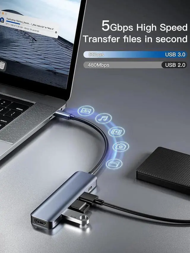 Alt view image 5 of 7 - USB C Hub 5 in 1 Multi-Port Digital AV Adapter 4K HDMI, 100W Power Delivery, 3 USB-A 3.0 Data Ports, USB C Dongle for MacBook Pro/Air, iPad Pro, iMac, iPhone 15 Pro/Pro Max, XPS, and More
