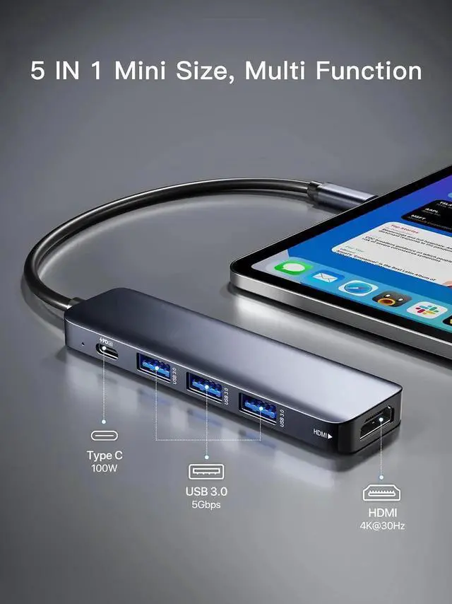 Alt view image 7 of 7 - USB C Hub 5 in 1 Multi-Port Digital AV Adapter 4K HDMI, 100W Power Delivery, 3 USB-A 3.0 Data Ports, USB C Dongle for MacBook Pro/Air, iPad Pro, iMac, iPhone 15 Pro/Pro Max, XPS, and More