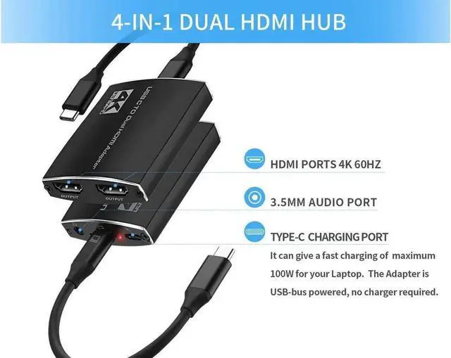 Alt view image 2 of 6 - USB C to Dual HDMI Adapter with Power Delivery and 3.5mm Audio Jack, 4K@60Hz Two Monitor Displays, Supports Windows Chrome Mac, Compatible with Type C and Thunderbolt 3 Port