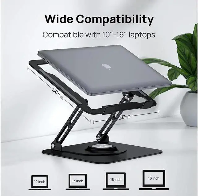 Alt view image 5 of 6 - Laptop Stand Aluminum Laptop Riser with 360°Rotating Base Aluminum Alloy Desktop Rotary Stand, Adjustable Laptop Stand for Desk, Ergonomic Design 10-16 Inch Laptop Elevator for Office