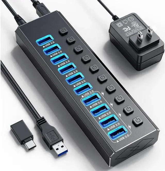 Main image of Powered USB Hub, 10-Port USB 3.0 Hub Splitter (10 USB 3.0 Data Ports with 4 Smart Charging ) with Individual LED On/Off Switches, USB Hub 3.0 Powered with 48W AC Adapter for Mac, PC