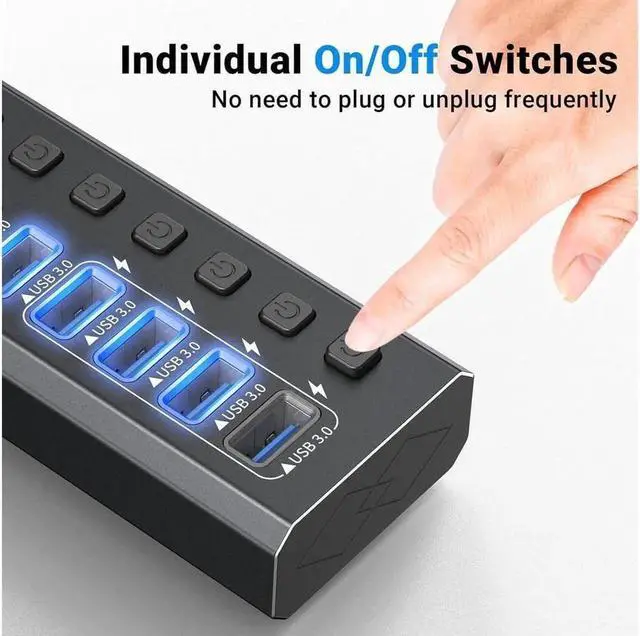 Alt view image 3 of 7 - Powered USB Hub, 10-Port USB 3.0 Hub Splitter (10 USB 3.0 Data Ports with 4 Smart Charging ) with Individual LED On/Off Switches, USB Hub 3.0 Powered with 48W AC Adapter for Mac, PC