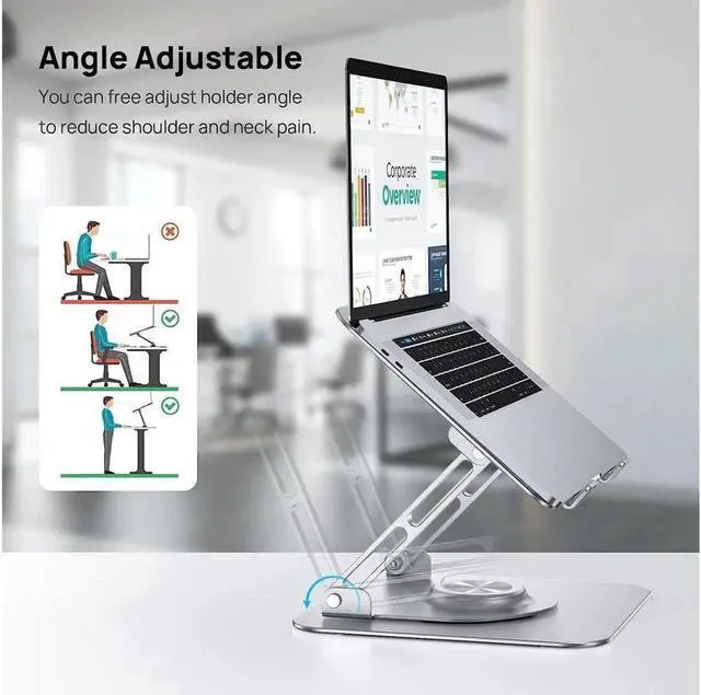 Alt view image 5 of 6 - Laptop Stand Aluminum Laptop Riser with 360°Rotating Base Aluminum Alloy Desktop Rotary Stand Adjustable Laptop Stand for Desk, Ergonomic Design 10-16 Inch Laptop Elevator for Office