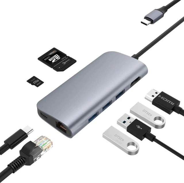 Main image of Basix 8 in1 USB Type C 3.1 HUB for Type C to 3 USB 3.0 / 4K HDMI / RJ45 Ethernet / Micro SD TF Card Reader / USB Type C OTG HUB for MacBook Pro and Type C Windows Laptops -Gray
